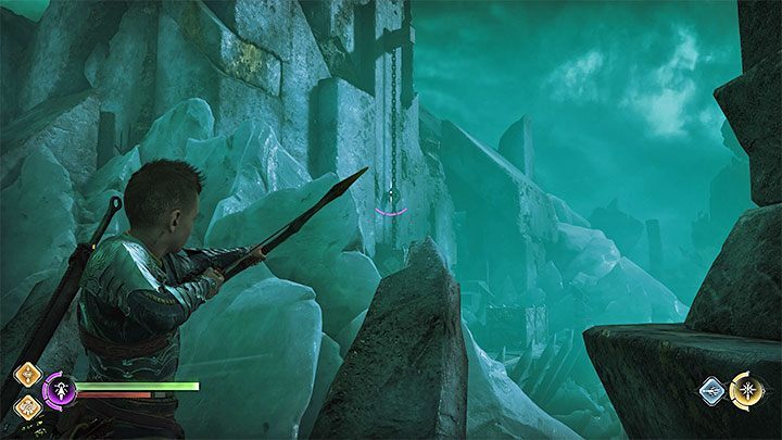 Po dotarciu do nowej lokacji oddajcie strzał w stronę oddalonego zaczepu z obrazka - God of War Ragnarok: Koszmary z Hel (Unleashing Hel) - solucja, opis przejścia - God of War Ragnarok - poradnik do gry