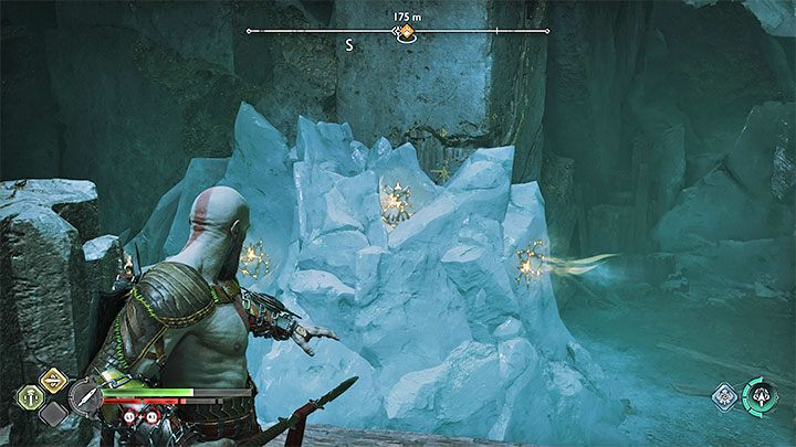 Napotkany duży lodowy blok ma kilka słabych punktów (obrazek) - wbijcie włócznie do wszystkich otworów i dopiero wtedy je zdetonujcie - God of War Ragnarok: Ponownie razem (Reunion) - solucja, opis przejścia - God of War Ragnarok - poradnik do gry