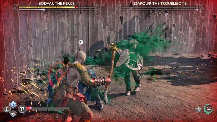 Dążcie do wykonania egzekucji na Starolfr (R3) - będzie to możliwe po wyczerpaniu jej całego paska zdrowia - God of War Ragnarok: Jak pokonać berserków Bodvar Zaciekły (Bodvar the Fierce) i Starolfr Nieznośna (Starolfr the Troublesome)? - God of War Ragnarok - poradnik do gry