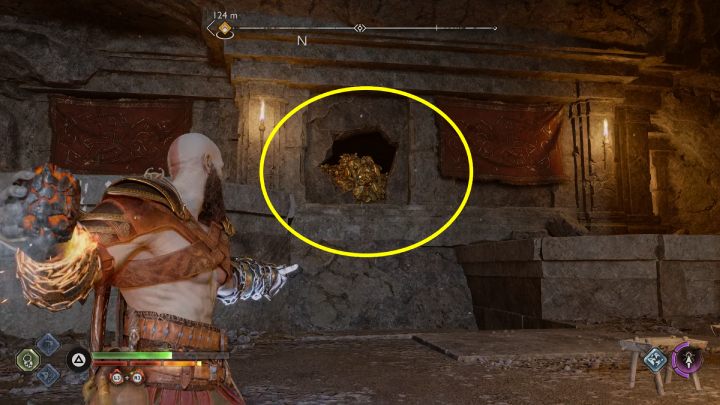 1 pochodnia znajduje się za czerwonymi krzakami, po lewej stronie skrzyni - God of War Ragnarok: Kryjówka Łupieżców (Rider Hideout), Midgard - sekrety, znajdźki - God of War Ragnarok - poradnik do gry