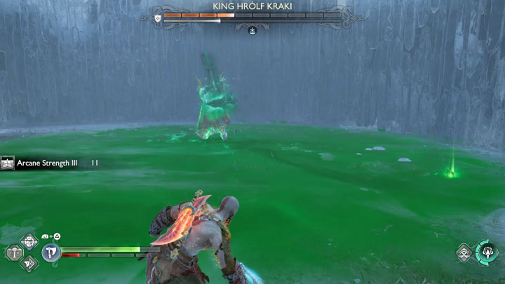 Zielony obszar otaczający bossa - Jest to czerwony atak i musicie szybko wyjść poza zasięg zielonego okręgu zanim król dokończy atak - God of War Ragnarok: Jak pokonać finałowego berserka Król Hrolf Kraki (King Hrolf Kraki)? - God of War Ragnarok - poradnik do gry