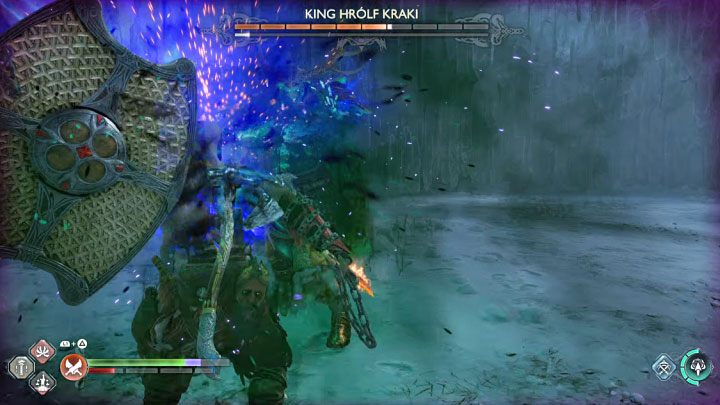 Eksplozja w walce zwarciu - To trudny do uniknięcia żółty atak, bo zazwyczaj nie ma dużo czasu na oddalenie się od bossa (poza zasięg ataku) - God of War Ragnarok: Jak pokonać finałowego berserka Król Hrolf Kraki (King Hrolf Kraki)? - God of War Ragnarok - poradnik do gry