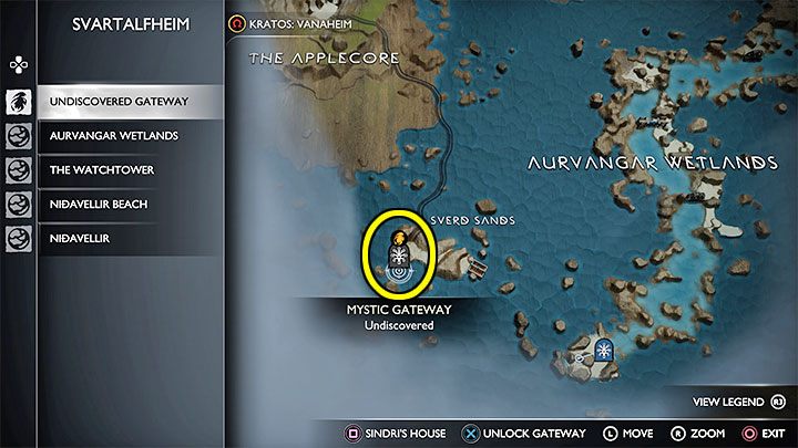 Jeśli możecie już odblokowywać nieznane bramy, to wybierzcie bramę z Piasków Sverd - zaznaczyliśmy ją na obrazku - God of War Ragnarok: Powrót do Ogryzka (The Applecore) i Kopalni Jarnsmida (Jarnsmida Pitmines) - God of War Ragnarok - poradnik do gry