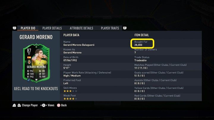 Przykładowo, kupiliśmy specjalną kartę Gerarda Moreno RTTK za 28 000 monet - FIFA 23: Podatek na rynku transferowym - jak obliczyć? - FIFA 23 - poradnik do gry