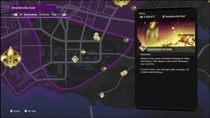 Aktywność Śmiecionurek znajduje się w centralnej części lokacji, zaraz za budynkiem z dużymi szklanymi oknami - Saints Row 2022: Odkrycia (Wschodnie Smelterville) - lista i opisy aktywności - Saints Row - poradnik do gry