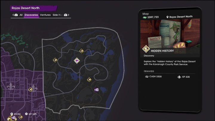 Aktywność Tajna historia znajduje się w centralnej części lokacji, na terenie kanionu - Saints Row 2022: Odkrycia (Północna pustynia Rojas) - lista i opisy aktywności - Saints Row - poradnik do gry