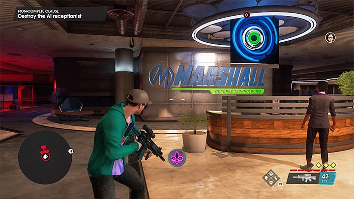 Wyjdźcie z windy i po nieowocnej próbie porozumienia się z recepcjonistką AI ostrzelajcie panel z okiem żeby ją zniszczyć - Saints Row 2022: Klauzula o zakazie konkurencji (Non-Compete Clause) - solucja, opis przejścia - Saints Row - poradnik do gry