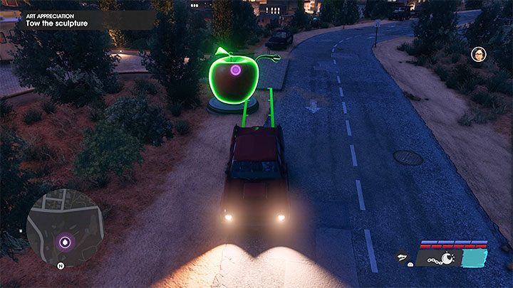 Pierwsza rzeźba to wielkie jabłko i znajduje się ona przed oznaczonym przez grę domem jednorodzinnym - Saints Row 2022: W uznaniu dla sztuki (Art Appreciation) - solucja, opis przejścia - Saints Row - poradnik do gry