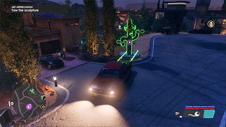 Taktyka działania jest bardzo podobna - po nieudanych negocjacjach przez telefon musicie dotrzeć do posiadłości, przed którą jest rzeźba kaktusa - zaparkujcie obok niej, by móc przyczepić ją do linki holowniczej w tylnej części pojazdu - Saints Row 2022: W uznaniu dla sztuki (Art Appreciation) - solucja, opis przejścia - Saints Row - poradnik do gry