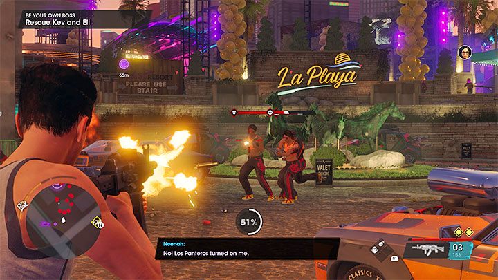 Wysiądźcie z auta i wyruszcie w stronę miejsca, w którym ukrywają się zaatakowani Kev i Eli - Saints Row: Bądź swoim własnym szefem (Be Your Own Boss) - solucja, opis przejścia - Saints Row - poradnik do gry