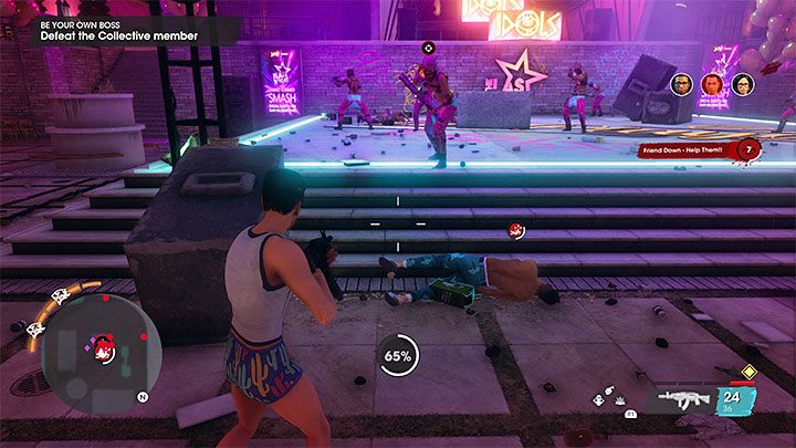 Podczas walk starajcie się ratować sojuszników, którzy zostaną powaleni na ziemię, ale tylko jeśli sami nie wystawicie się na śmiertelne niebezpieczeństwo - Saints Row: Bądź swoim własnym szefem (Be Your Own Boss) - solucja, opis przejścia - Saints Row - poradnik do gry