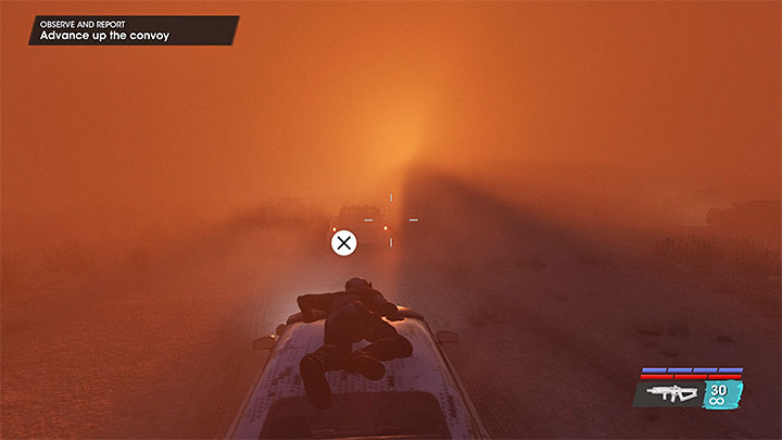 Wjedziecie do burzy piaskowej, przy czym ogólna taktyka pozostanie niezmieniona - musicie eliminować wrogów strzelając do nich z dachu, a także przeskakiwać na dachy kolejnych pojazdów - Saints Row: Obserwuj i melduj (Observe and Report) - solucja, opis przejścia - Saints Row - poradnik do gry