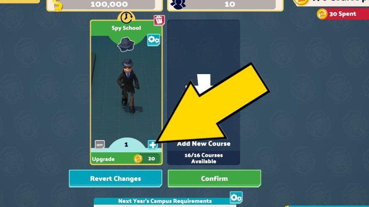 Aby ulepszyć już prowadzony kurs, należy wybrać ikonę z symbolem plusa w sekcji wybranego kierunku - Two Point Campus: Kursy i Punkty kursów - Two Point Campus - poradnik do gry