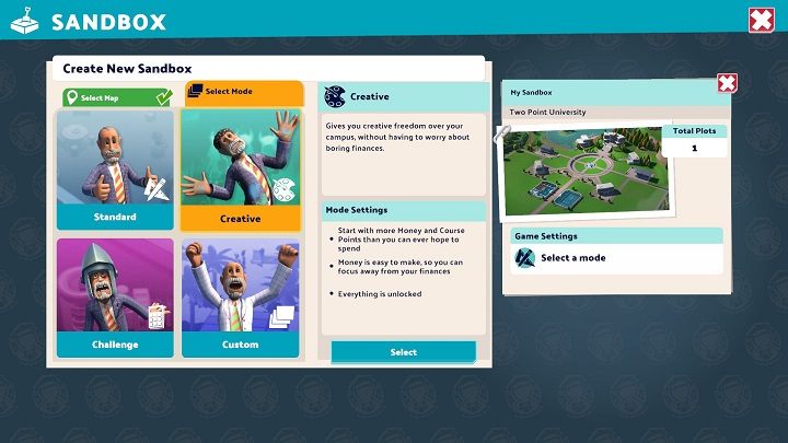Po uruchomieniu modułu Sandbox musicie wybrać 1 z 12 dostępnych map - Two Point Campus: Tryb Sandbox - jak odblokować? - Two Point Campus - poradnik do gry