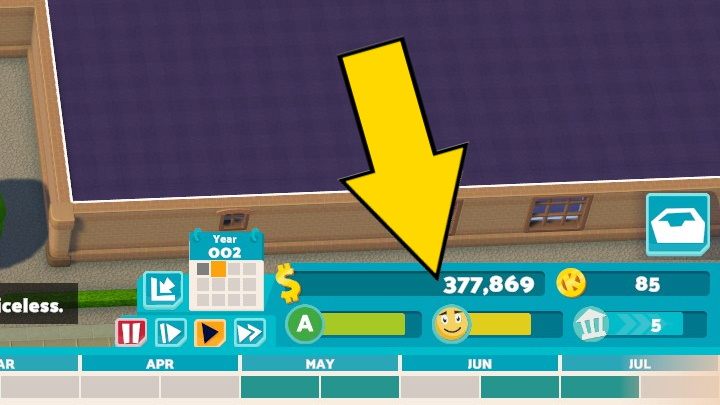 Na tym pasku są informacje o Waszym aktualnym stanie konta oraz krótkie podsumowanie zysków lub strat generowanych przez Waszą uczelnię - Two Point Campus: Interfejs - Two Point Campus - poradnik do gry