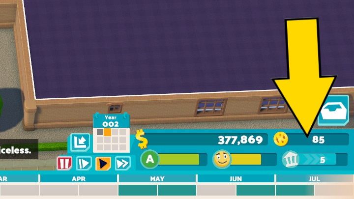 Tu widnieje liczba posiadanych przez Was Kudosów, czyli specjalnej waluty, za którą możecie odblokować nowe elementy do Waszego kampusu - Two Point Campus: Interfejs - Two Point Campus - poradnik do gry