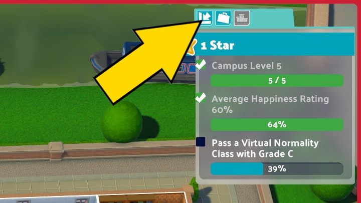 Ten przycisk służy do ukrywania lub przywracania panelu z celami misji - Two Point Campus: Interfejs - Two Point Campus - poradnik do gry