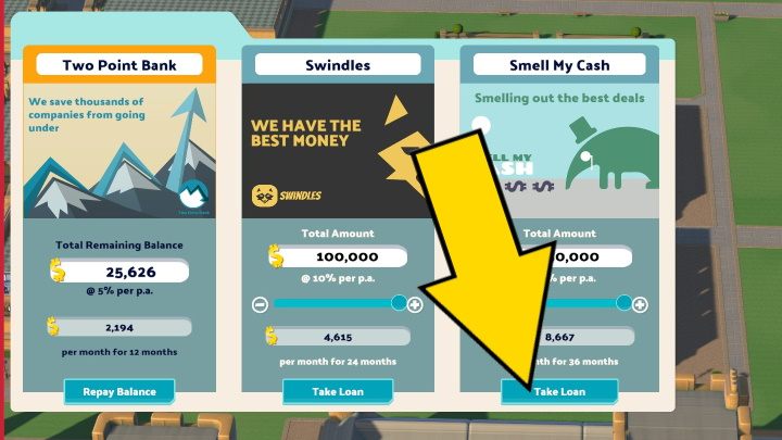 Następnie wybierzcie firmę kredytową, od której chcecie pożyczyć pieniądze - Two Point Campus: Pożyczka - jak wziąć? - Two Point Campus - poradnik do gry