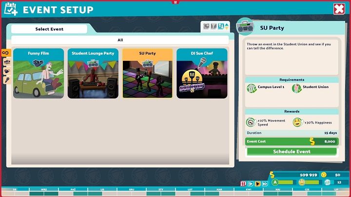 Wybierzcie interesujące Was wydarzenie, a następnie ustalcie na osi czasu jego termin - Two Point Campus: Wydarzenia i plan zajęć - Two Point Campus - poradnik do gry