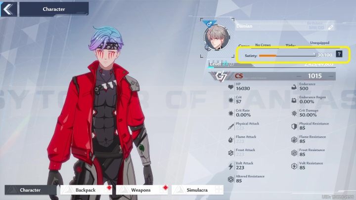 Obecny stan Waszego Satiety możecie sprawdzić wchodząc na kartę postaci - Tower of Fantasy: Gotowanie - Tower of Fantasy - poradnik do gry