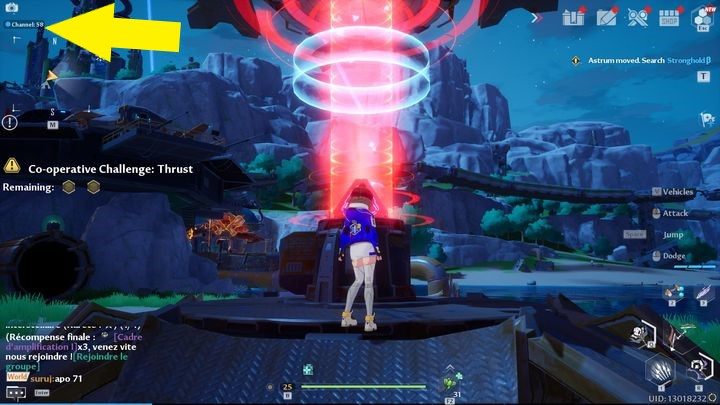 Aby to zrobić, wystarczy odblokować kursor za pomocą klawisza Alt, następnie najechać nim w miejsce ukazane żółtą strzałką - Tower of Fantasy: Kanał serwera - jak zmienić? - Tower of Fantasy - poradnik do gry