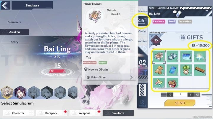 Aby dać prezent wybierzcie interesującą Was postać, wejdźcie w zakładkę Gift i zdecydujcie, który prezent chcecie dać - Tower of Fantasy: Simulacra - Tower of Fantasy - poradnik do gry