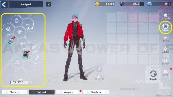 Jeżeli otworzycie menu Backpack (plecak) i wejdziecie w zakładkę Equipment (ekwipunek) to zobaczycie posiadane przez siebie elementy pancerza - Tower of Fantasy: Rozwój postaci i levelowanie - Tower of Fantasy - poradnik do gry