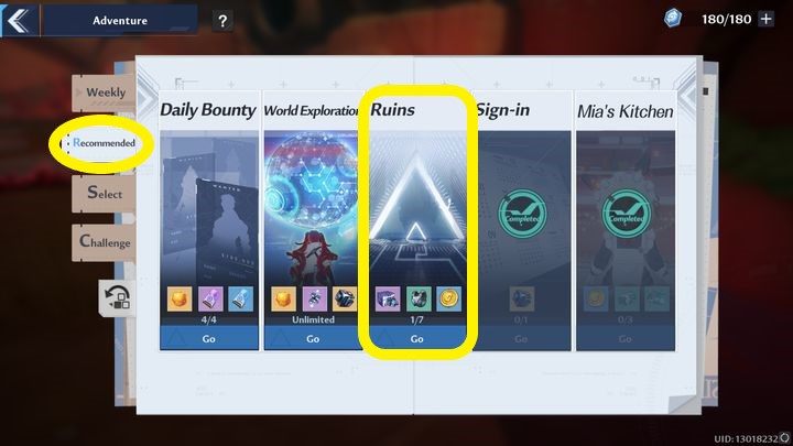 Aby uruchomić Ruins musicie wejść w menu Adventure (prawy górny róg, ikona skrzyżowanych mieczy), a następnie wybrać zakładkę Recommended - Tower of Fantasy: Ruins - Tower of Fantasy - poradnik do gry
