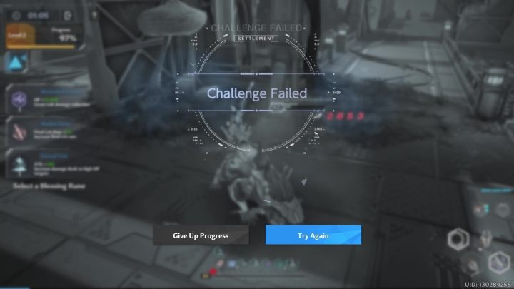 W przypadku przegranej gra zaoferuje Wam możliwość ponowienia poziomu (Try Again) lub poddania postępu (Give Up Progress) - Tower of Fantasy: Wormhole - Tower of Fantasy - poradnik do gry