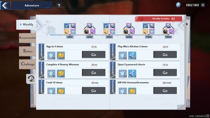 Zakładka Weekly oferuje szereg wyzwań, za których wykonanie otrzymacie przeróżne nagrody, między innymi złoto, materiały do ulepszania broni, ale również Activity points - Tower of Fantasy: Adventure - lista wszystkich, informacje - Tower of Fantasy - poradnik do gry