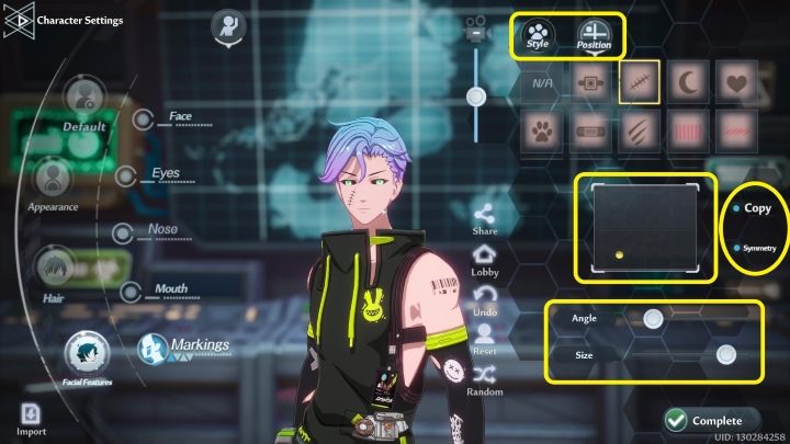 Przy tworzeniu znaków szczególnych (Markings, w pierwszej kolejności warto zwrócić uwagę na zakładki w prawym górnym rogu - Tower of Fantasy: Tworzenie i customizacja postaci - Tower of Fantasy - poradnik do gry