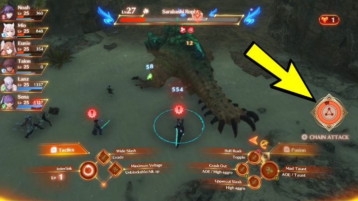 Gdy miernik Chain Attack, wyświetlany po prawej stronie ekranu zostanie naładowany, wciśnijcie Plus, aby uruchomić technikę - Xenoblade 3: Chain Attack - jak wykonać, jak zdobyć dużo TP, Overkill - Xenoblade Chronicles 3 - poradnik do gry