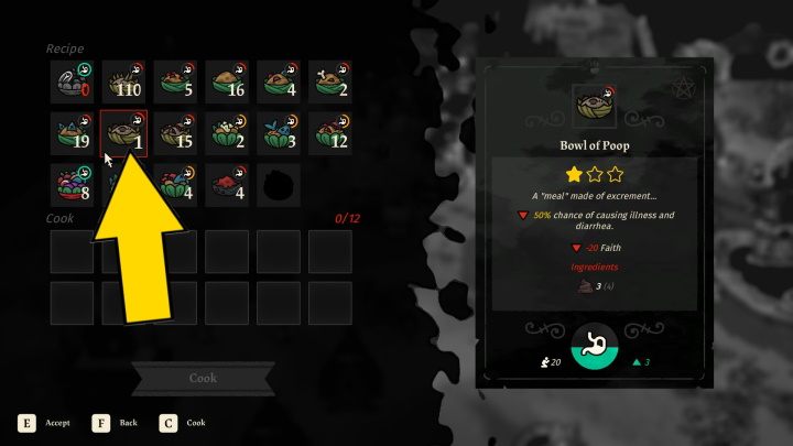 Podejdźcie do kuchenki na terenie Waszego obozu i ugotujcie 6 sztuk Bowl of Poop - Cult of the Lamb: Follower Forms - wszystkie zwierzęta - Cult of the Lamb - poradnik do gry