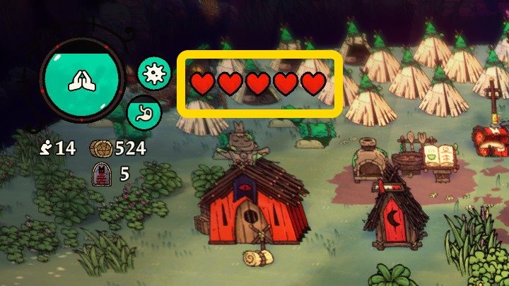 Tutaj wyświetlana jest podstawowa ilość Waszych Hearts determinujących, jak wiele ciosów możecie przyjąć - Cult of the Lamb: Interfejs gry - Cult of the Lamb - poradnik do gry