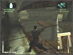 Zanim przeskoczysz przez wyrwę, załatw dwójkę wojaków stojących za kolumnami, po obu stronach sali - [Ghost] The Sewers - Breathing Room | Enter The Matrix - Enter The Matrix - poradnik do gry