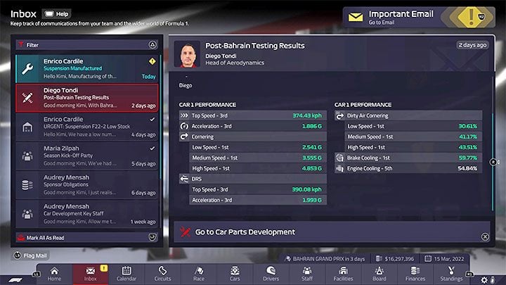 Po zakończeniu testów przedsezonowych otrzymacie maila od szefa działu aerodynamiki z ich podsumowaniem - F1 Manager 2022: Testy przedsezonowe (Pre-Season Testing) - czy są w grze? - F1 Manager 2022 - poradnik do gry