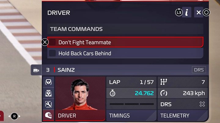 W zakładkach zarządzania bolidami 1 i 2 znajdziecie też kilka pojedynczych poleceń dla kierowców - F1 Manager 2022: Wyścig - opis, strategia, polecenia - F1 Manager 2022 - poradnik do gry