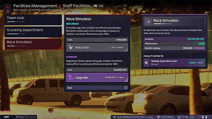 Możecie otrzymywać bonusowe XP dzięki wybranym obiektom (Facilities) - F1 Manager 2022: XP kierowcy i personelu zespołu - jak zdobywać, punkty rozwoju - F1 Manager 2022 - poradnik do gry