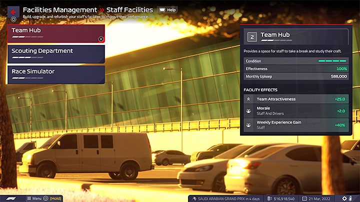 Centrum zespołu (Team Hub) - Pozwala ono zwiększać tygodniowy przyrost doświadczenia personelu - F1 Manager 2022: XP kierowcy i personelu zespołu - jak zdobywać, punkty rozwoju - F1 Manager 2022 - poradnik do gry