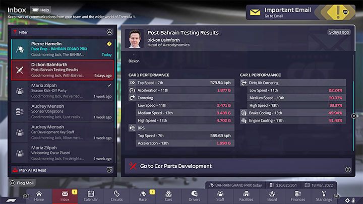 Wybór części do zaprojektowania powinien być uzależniony od Waszych aktualnych potrzeb, a nie losowy - F1 Manager 2022: Bolidy i ich rozwój - projektowanie części (Design) - F1 Manager 2022 - poradnik do gry