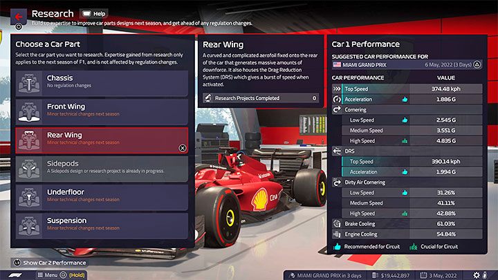 W oknie badań gra informuje jakie elementy bolidu zostaną dotknięte przez planowane zmiany w przepisach i tylko nimi powinniście interesować się - F1 Manager 2022: Kolejny sezon - zmiany w przepisach, badania (Research) - F1 Manager 2022 - poradnik do gry