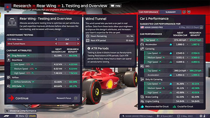 Kolejne kroki zaprojektowania części są bardzo podobne do tych z aktualnego sezonu i proces dokładniej opisaliśmy na osobnej stronie Bolidy i ich rozwój - F1 Manager 2022: Kolejny sezon - zmiany w przepisach, badania (Research) - F1 Manager 2022 - poradnik do gry