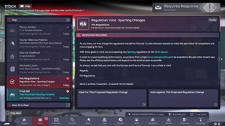 W dalszej części kariery będzie dochodziło do kolejnych głosowań nad zmianami w przepisach - F1 Manager 2022: Kolejny sezon - zmiany w przepisach, badania (Research) - F1 Manager 2022 - poradnik do gry