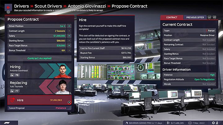 Wybierzcie dowolnego kierowcę z listy (najlepiej mniej wymagającego) i rozpocznijcie negocjacje w sprawie podpisania kontraktu - F1 Manager 2022: Trofea / Osiągnięcia - lista wszystkich, poradnik trofeowy - F1 Manager 2022 - poradnik do gry