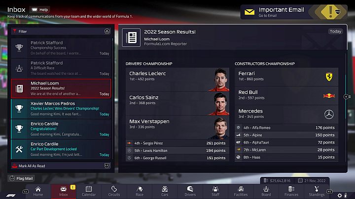 Na koniec sezonu otrzymacie wiadomość z informacją o zdobytych miejscach w klasyfikacji kierowców oraz konstruktorów - F1 Manager 2022: Koniec sezonu 2022 i zmiany w sezonie 2023 - F1 Manager 2022 - poradnik do gry