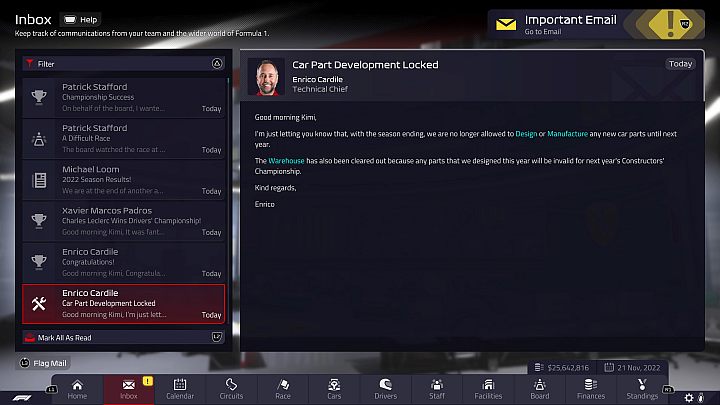 W przerwie pomiędzy sezonami nie możecie projektować ani wytwarzać nowych części - F1 Manager 2022: Koniec sezonu 2022 i zmiany w sezonie 2023 - F1 Manager 2022 - poradnik do gry