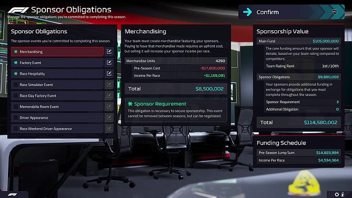 Ważny krok nowego sezonu to ustalenie zobowiązań wobec sponsorów (Sponsor Obligations) - F1 Manager 2022: Koniec sezonu 2022 i zmiany w sezonie 2023 - F1 Manager 2022 - poradnik do gry