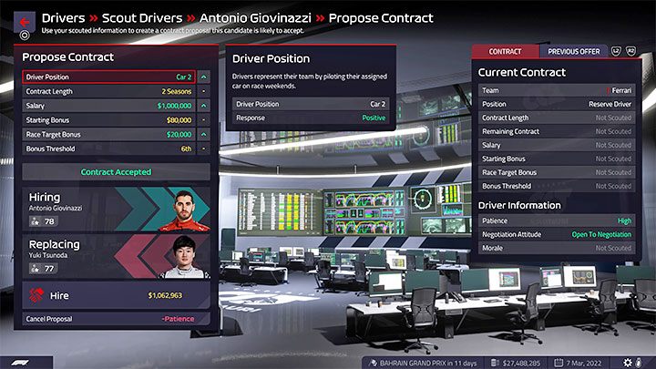 Negocjacje polegają na ustaleniu warunków kontraktu i wysłaniu ich kierowcy z nadzieją, że je zaakceptuje - F1 Manager 2022: Wybór kierowców do zespołu - statystyki, kontrakty - F1 Manager 2022 - poradnik do gry