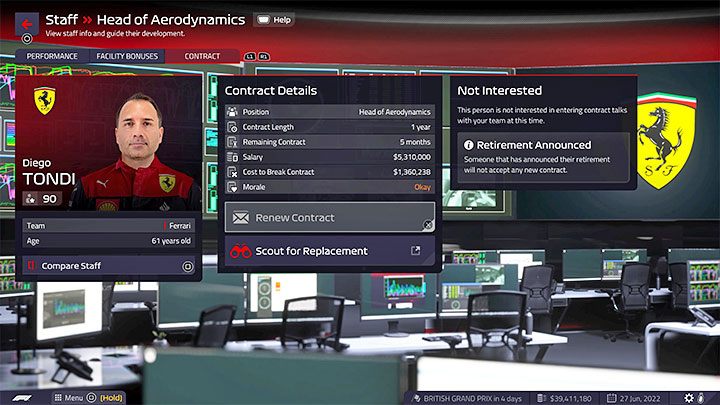 W przypadku kluczowego personelu dochodzi też dodatkowy czynnik - niektóre osoby z kluczowego personelu mogą podjąć decyzję o odejściu na emeryturę - F1 Manager 2022: Najlepsze obiekty (Facilities) i personel (Staff) - F1 Manager 2022 - poradnik do gry