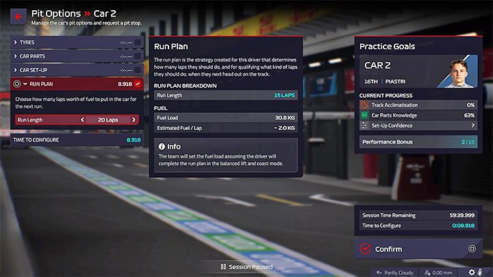 Jeżeli wybraliście ręczne zarządzanie sesją treningową, to musicie rozpocząć od wyboru ogumienia oraz długości wyjazdu na tor - F1 Manager 2022: Treningi - opis, strategia - F1 Manager 2022 - poradnik do gry
